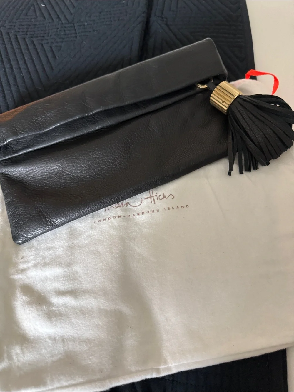 India Hicks Black Leather Foldover Clutch with Tassel
